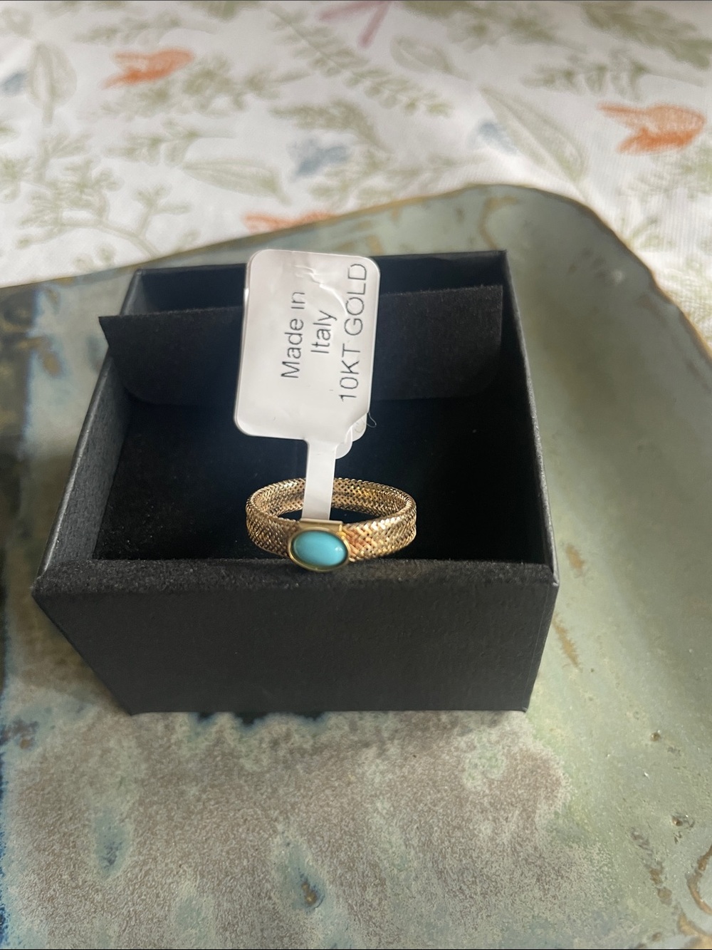 10KT Gold Mesh Ring with Turquoise Stone Size 7 Made in Italy 🇮🇹